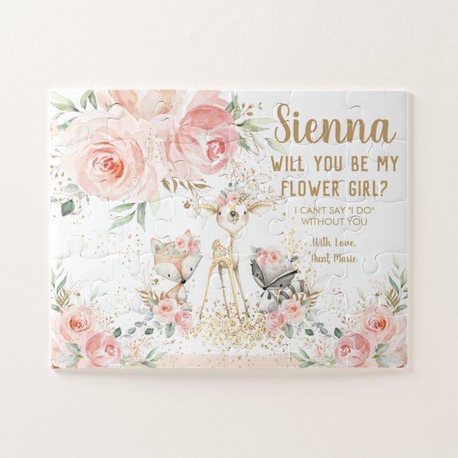 Blush Floral Woodland Animals Be My Flower Girl Jigsaw Puzzle (Horizontal)