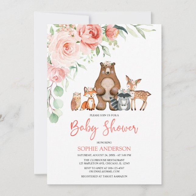 Blush Floral Woodland Animals Girl Baby Shower Invitation (Front)