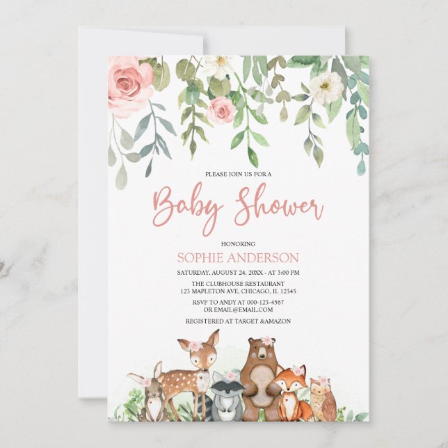 Blush Floral Woodland Animals Girl Baby Shower Invitation (Front)