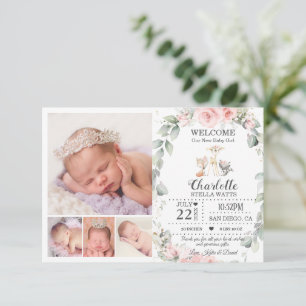 Blush Floral Woodland Animals New Baby Photo Birth Announcement