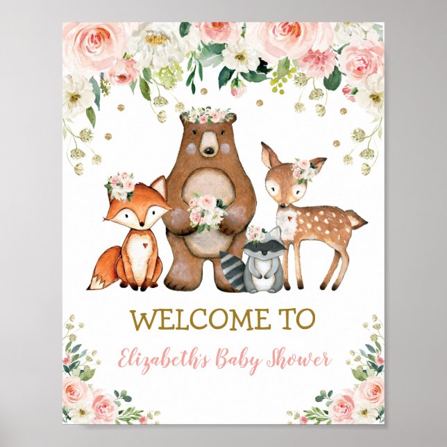 Blush Floral Woodland Baby Shower Birthday Welcome Poster (Front)