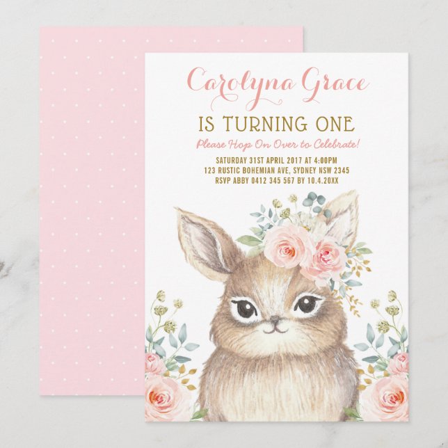 Blush Floral Woodland Bunny Rabbit 1st Birthday Invitation (Front/Back)