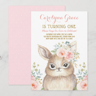 Blush Floral Woodland Bunny Rabbit 1st Birthday Invitation