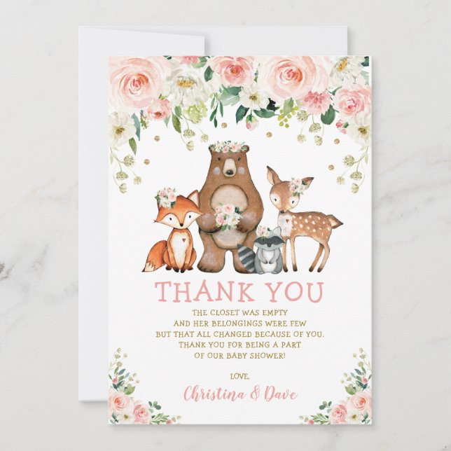 Blush Floral Woodland Forest Animals Baby Shower Thank You Card (Front)