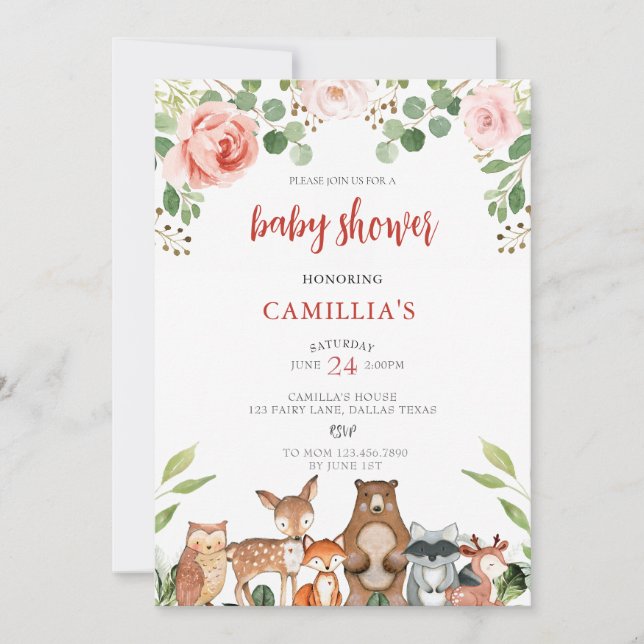 Blush Floral  Woodland  Girl Baby Shower  Invitation (Front)