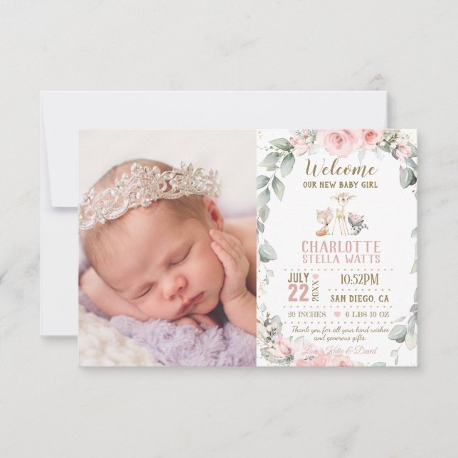 Blush Floral Woodland New Baby Girl Photo Birth Announcement (Front)