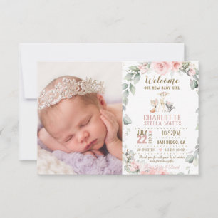 Blush Floral Woodland New Baby Girl Photo Birth Announcement