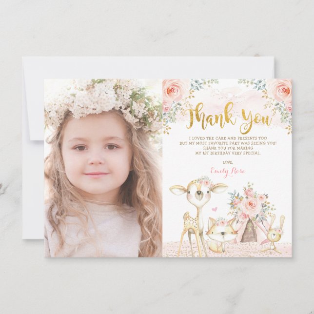 Blush Floral Woodland Wild Animals 1st Birthday Thank You Card (Front)