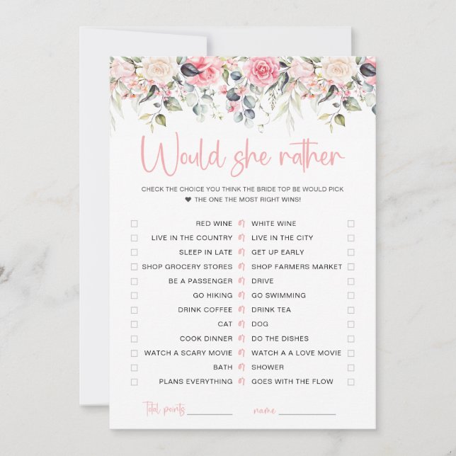 Blush Floral Would She Rather Bridal Game Card (Front)