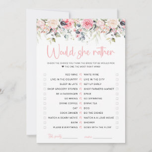 Blush Floral Would She Rather Bridal Game Card