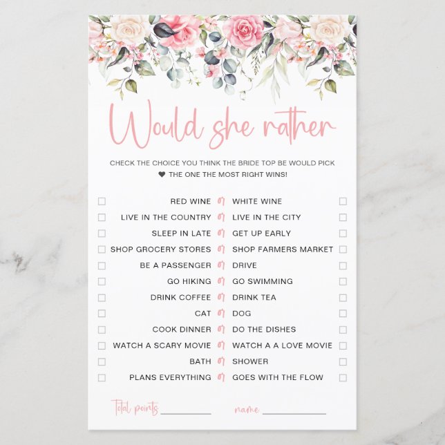 Blush Floral | Would She Rather Game Card (Front)