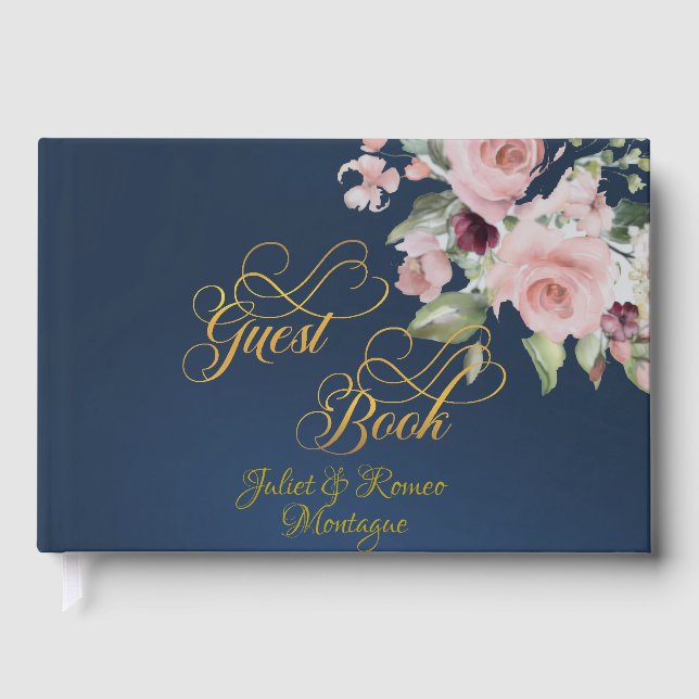 Blush Floral & Wreath - Blue/Gold Guest Book (Front)