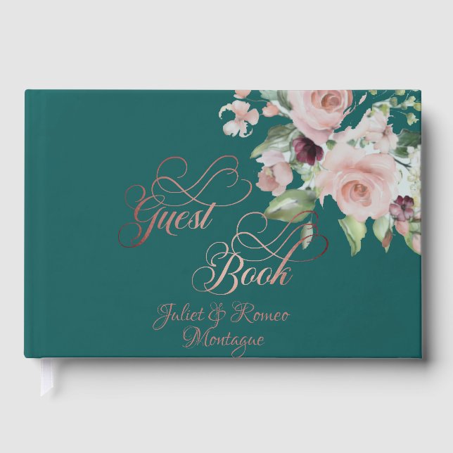 Blush Floral & Wreath - Blue/Rose Gold Guest Book (Front)