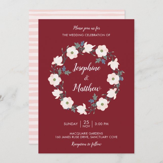 Blush Floral Wreath Bugundy Wedding Invitation (Front/Back)