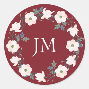 Blush Floral Wreath Burgundy Monogram Wedding Classic Round Sticker