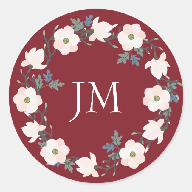Blush Floral Wreath Burgundy Monogram Wedding Classic Round Sticker (Front)