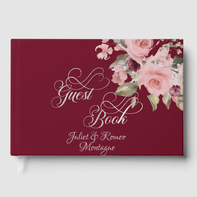 Blush Floral & Wreath - Burgundy/Silver Guest Book (Front)