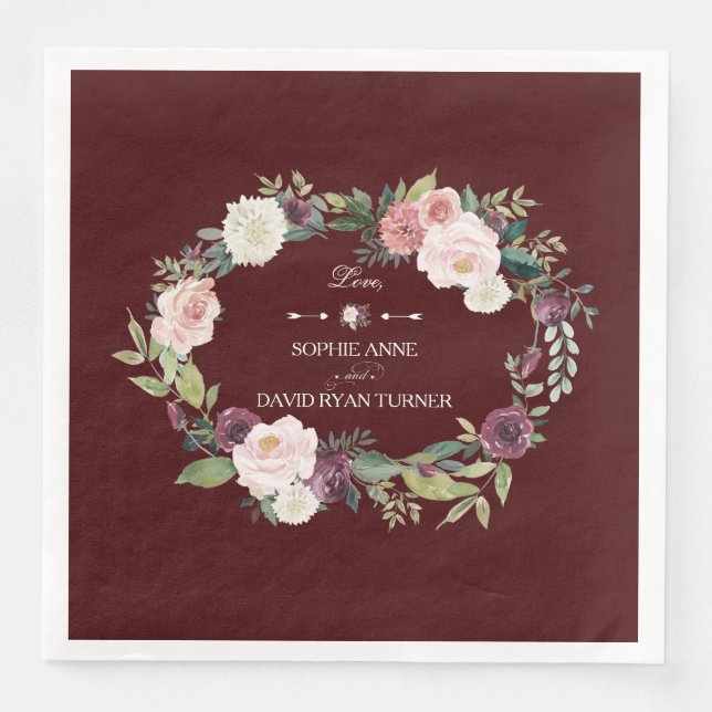 Blush Floral Wreath Burgundy  Wedding Napkin (Front)