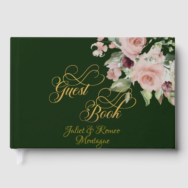 Blush Floral & Wreath - Emerald/Gold Guest Book (Front)