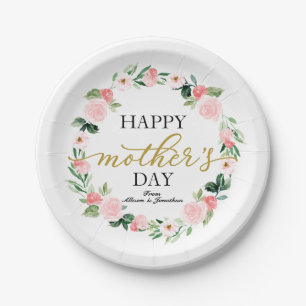 Blush Floral Wreath Happy Mothers Day Paper Plate
