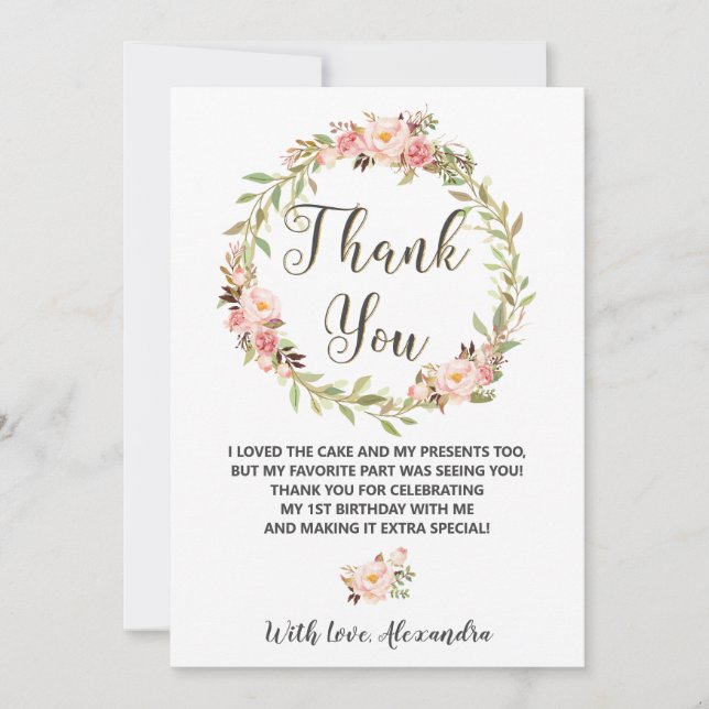 Blush Floral Wreath ONE 1st Birthday Chic Thank You Card (Front)