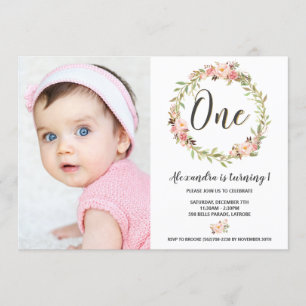 Blush Floral Wreath ONE 1st Birthday Girl Photo Invitation