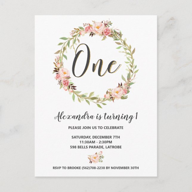 Blush Floral Wreath ONE 1st Birthday Invitation Postcard (Front)