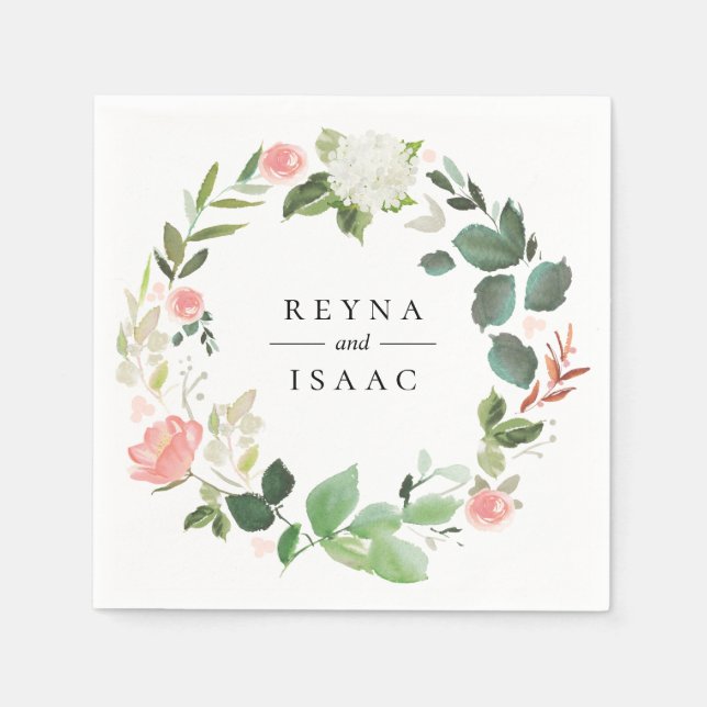 Blush Floral Wreath Personalised Paper Napkins (Front)