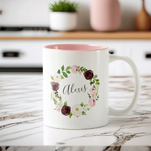 Blush Floral Wreath Personalised Two-Tone Coffee Mug