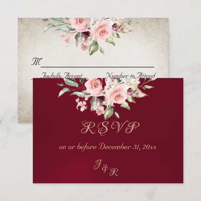 Blush Floral & Wreath RSVP - Burgundy Card (Front/Back)