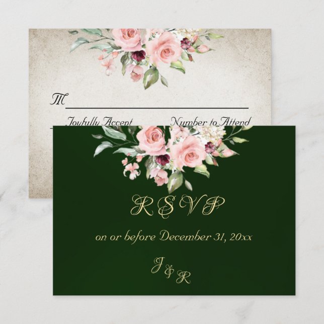 Blush Floral & Wreath RSVP - Emerald Card (Front/Back)