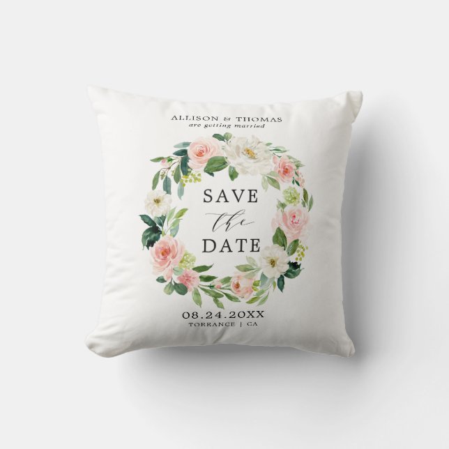 Blush Floral Wreath Save the Date Wedding Pillow (Front)