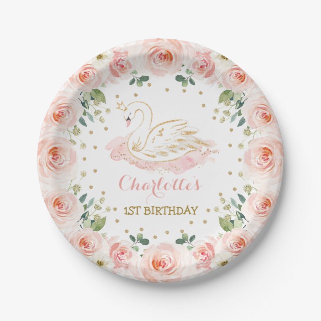 Blush Floral Wreath Swan Princess Birthday Party Paper Plate (Front)