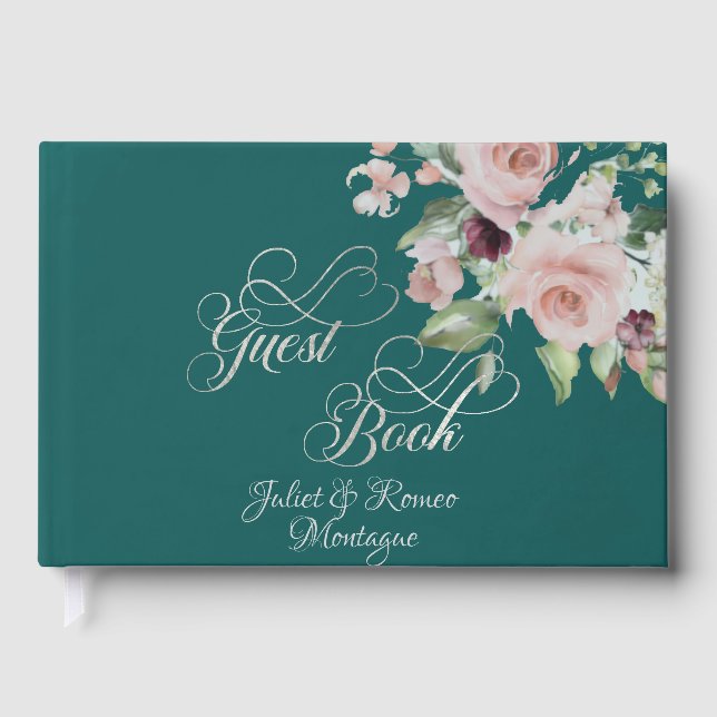 Blush Floral & Wreath - Teal/Silver Guest Book (Front)