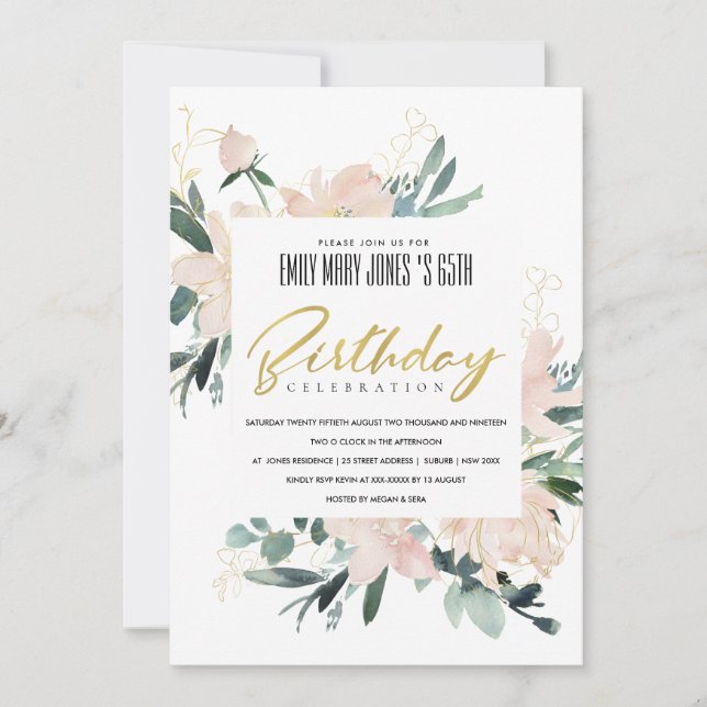 BLUSH FLORAL WREATH WATERCOLOR ANY AGE BIRTHDAY INVITATION (Front)