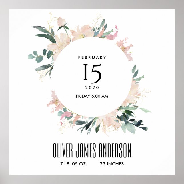 BLUSH FLORAL WREATH WATERCOLOR BABY BIRTH STATS POSTER (Front)