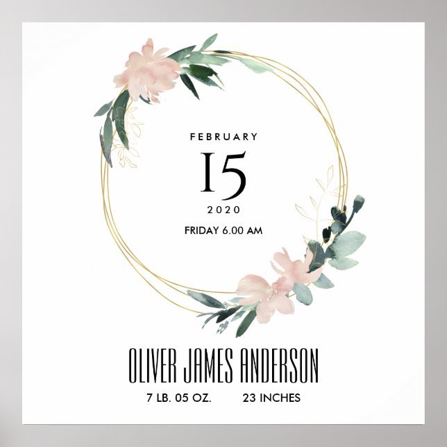 BLUSH FLORAL WREATH WATERCOLOR BABY BIRTH STATS POSTER (Front)