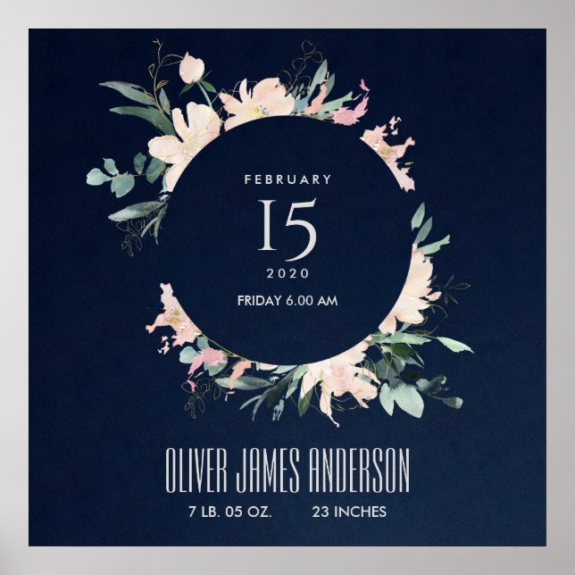 BLUSH FLORAL WREATH WATERCOLOR BABY BIRTH STATS POSTER (Front)