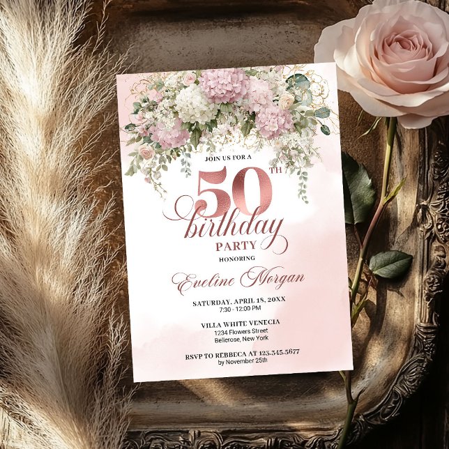 Blush Florals and Greenery Rose Gold 50th Birthday Invitation (Blush Florals and Greenery Rose Gold 50th Birthday)