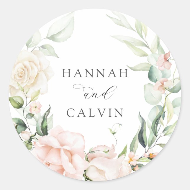 Blush Florals and Greenery Wedding Classic Round Sticker (Front)