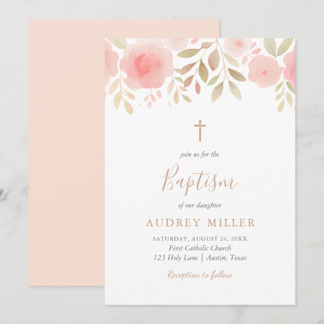 Blush Florals Cross Baptism Invitation (Front/Back)