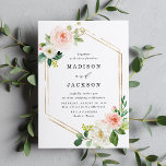 Blush Florals | Gold Frame Wedding Invitation<br><div class="desc">Elegant spring floral wedding invitation featuring your names and wedding details framed by faux gold foil geometric accents,  blush watercolor flowers and lush green leaves. A modern choice that is perfect for spring and summer weddings.</div>