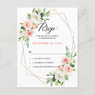 Blush Florals Gold Modern Geometric Frame RSVP Postcard