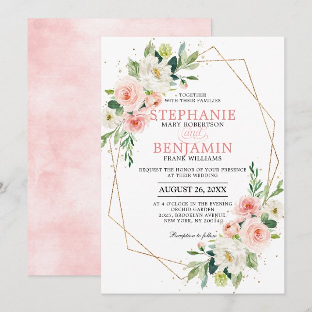 Blush Florals Gold Modern Geometric Frame Wedding Invitation (Front/Back)