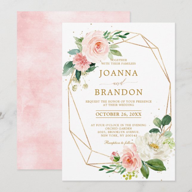 Blush Florals Gold Modern Geometric Frame Wedding Invitation (Front/Back)