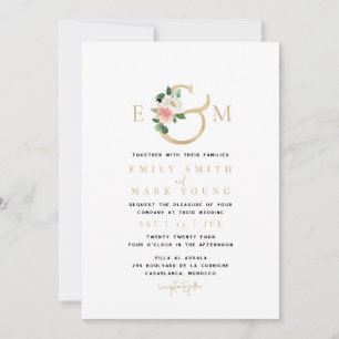 Blush Florals & Gold, Monogram Wedding Invitation
