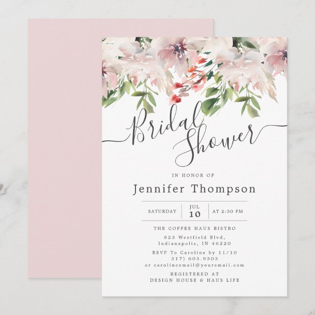 Blush Florals & Greenery Watercolor Bridal Shower Invitation (Front/Back)
