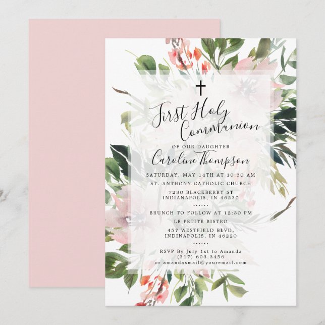 Blush Florals Greenery Watercolor First Communion Invitation (Front/Back)