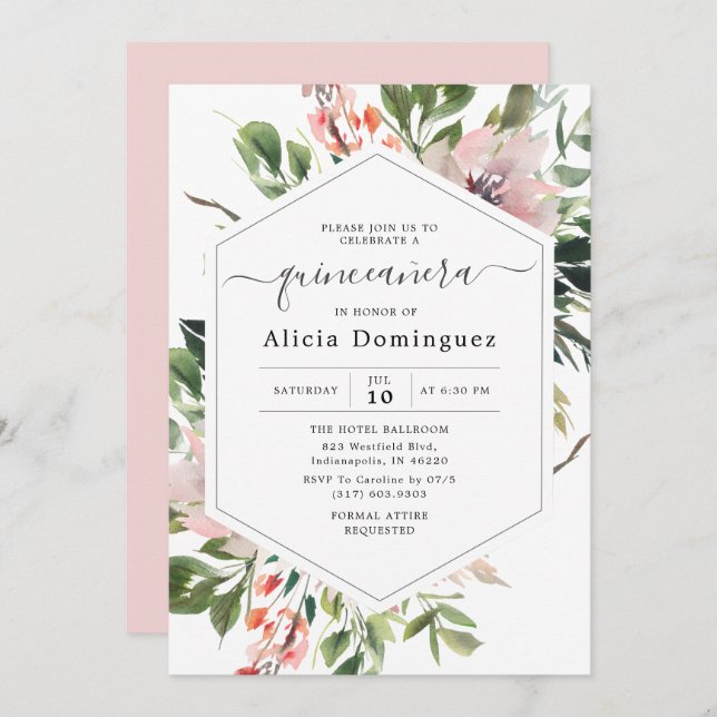 Blush Florals & Greenery Watercolor Quinceañera Invitation (Front/Back)