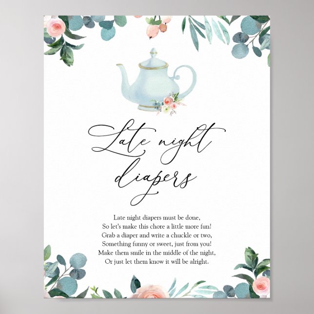 Blush Florals Teapot Late Night Diapers Sign (Front)